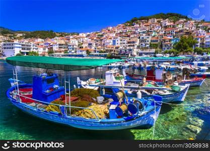 Lesbos (lesvos) island . Greece. view of Plomari (Plomarion) town and traditional fishing boats