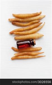 Lesser Galangal Essential Oil.. Lesser Galangal Essential Oil on White Background.