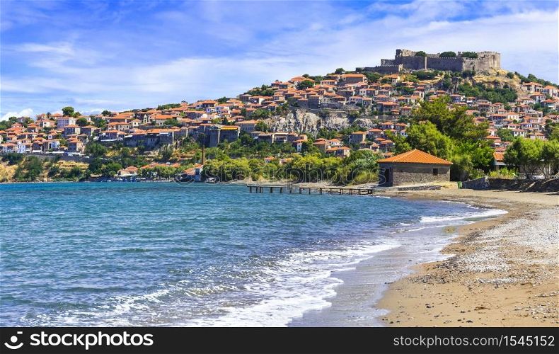 Lesvos (lesbos) island . Greece. Beautiful old town Molyvos (Mithymna) with castle over the rock and beach. Greece summer holidays. Lesvos island, Molyvos