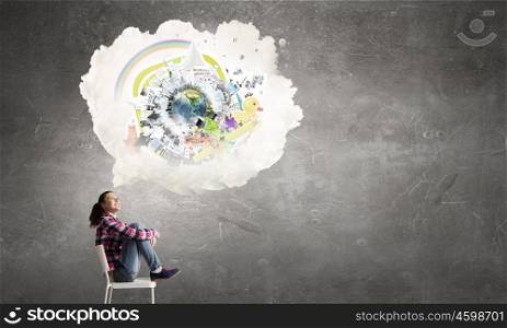 Let me think a minute. Teenager girl sitting in chair and cloud bubble above her head. Elements of this image are furnished by NASA