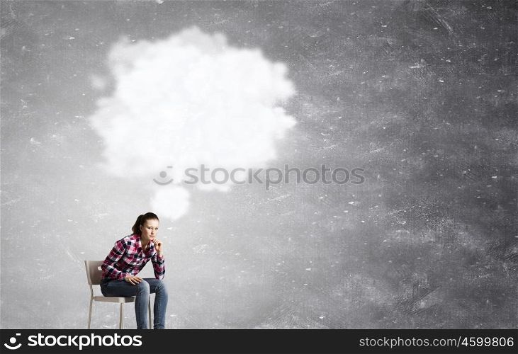 Let me think a minute. Teenager girl sitting in chair and cloud bubble above her head
