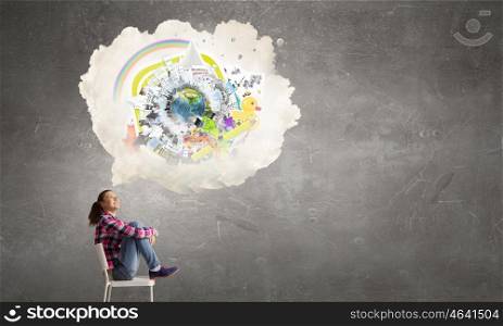 Let me think a minute. Teenager girl sitting in chair and cloud bubble above her head. Elements of this image are furnished by NASA