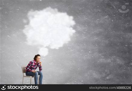 Let me think a minute. Teenager girl sitting in chair and cloud bubble above her head