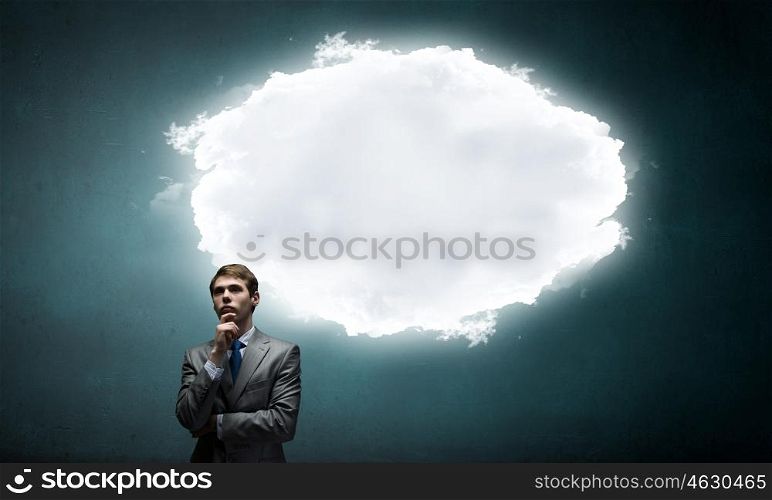 Let me think it over. Businessman and blank thought cloud above his head