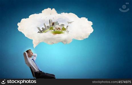 Let me think it over. Businessman in chair and blank thought cloud above his head