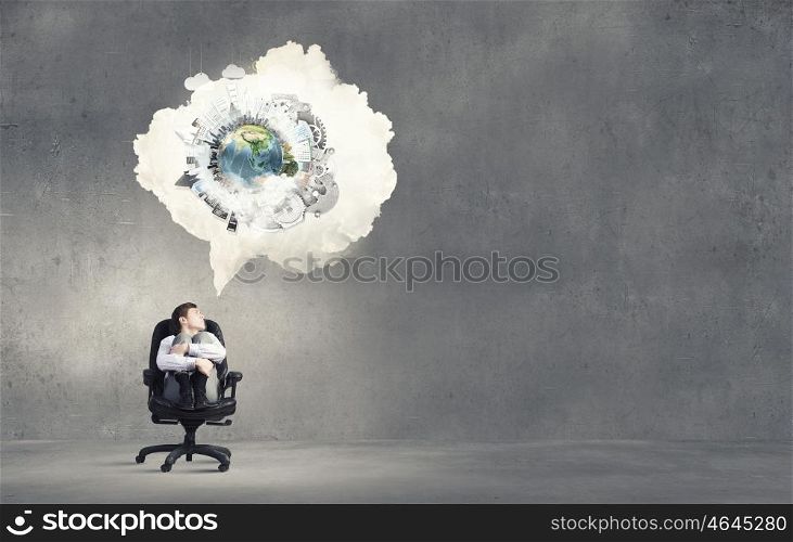 Let me think it over. Businessman in chair and blank thought cloud above his head. Elements of this image are furnished by NASA