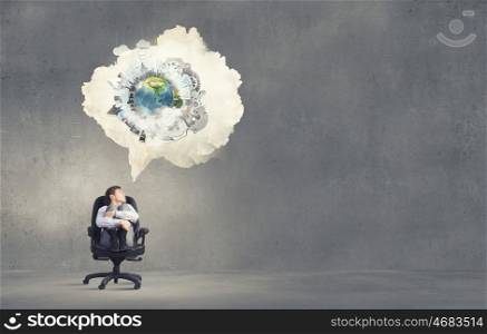 Let me think it over. Businessman in chair and blank thought cloud above his head. Elements of this image are furnished by NASA