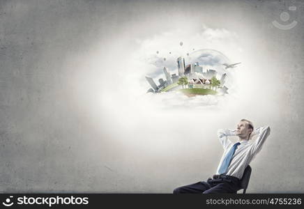 Let me think it over. Businessman in chair and blank thought cloud above his head