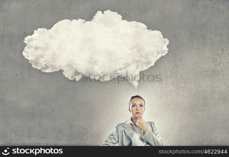 Let me think it over. Thoughtful businesswoman and cloud bubble above her head