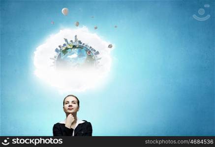 Let me think it over. Thoughtful businesswoman and cloud bubble above her head. Elements of this image are furnished by NASA