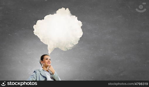 Let me think it over. Thoughtful businesswoman and cloud bubble above her head