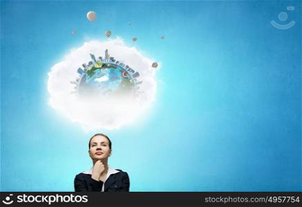 Let me think it over. Thoughtful businesswoman and cloud bubble above her head. Elements of this image are furnished by NASA