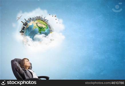 Let me think it over. Thoughtful businesswoman in chair and cloud bubble above her head. Elements of this image are furnished by NASA