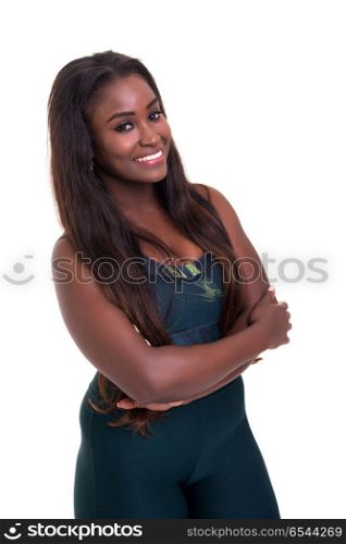 Let&rsquo;s get into shape!. Beautiful large african woman doing exercise - Isolated over white