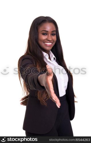 Let&rsquo;s shake this!. A beautiful african business woman offering handshake, isolated over white