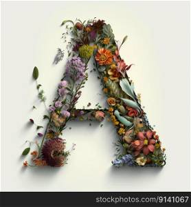 Letter A made of  flowers and leaves. Flower font concept. Spring, summer and valentines creative idea, created with generative AI