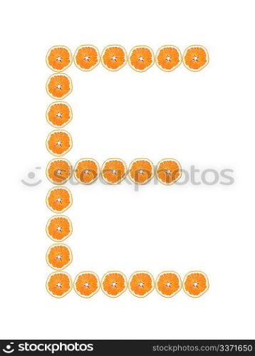 Letter &acute;E&acute; from orange slices isolated on white background