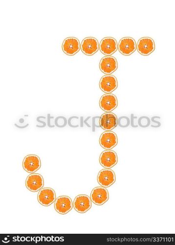 Letter &acute;J&acute; from orange slices isolated on white background