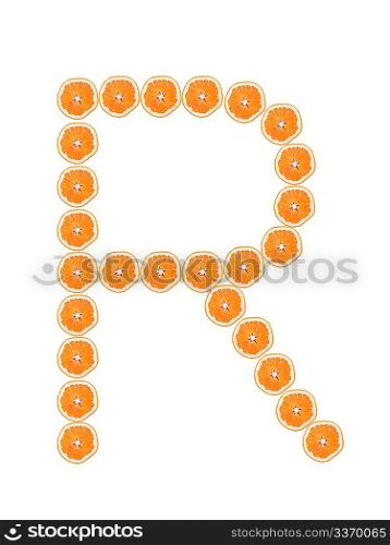 Letter &acute;R&acute; from orange slices isolated on white background