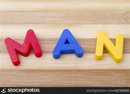 "Letter magnets "MAN" closeup on wood background "