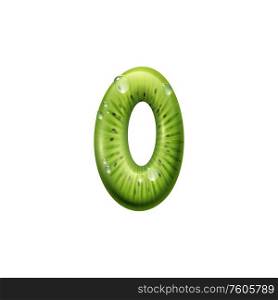 Letter O isolated summer alphabet sign. Vector capital o of kiwi fruits and aqua splashes. O letter isolated kiwi font part with water drops