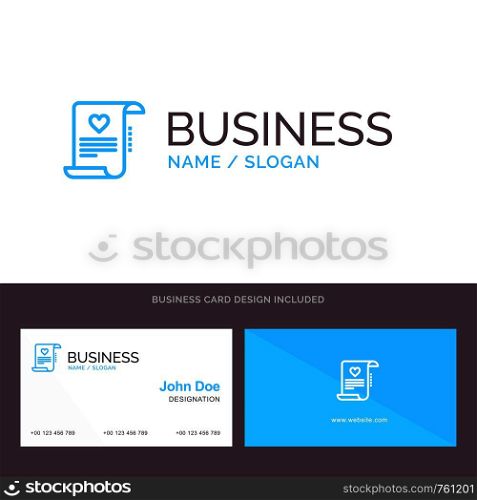 Letter, Paper, Document, Love Letter, Marriage Card Blue Business logo and Business Card Template. Front and Back Design
