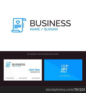 Letter, Paper, Document, Love Letter, Marriage Card Blue Business logo and Business Card Template. Front and Back Design