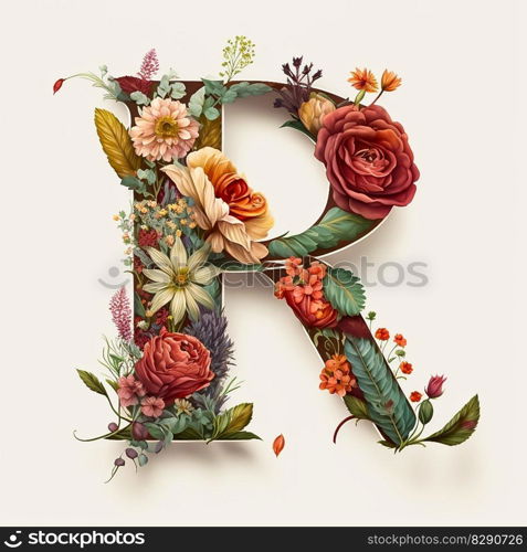 letter R containing flowers on a white background. letter R containing flowers on a white background AI Generated