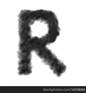 Letter R made from black clouds or smoke on a white background with copy space, not render.. Letter R made from black clouds on a white background.