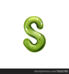 Letter S of kiwi fruit with aqua drops isolated ABC symbol. Vector summer tropical alphabet sign. S letter alphabet sign of kiwi with water drops