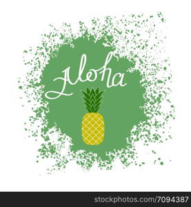 Lettering AlohaText with Pineapple. Hand Sketched Aloha Typography Sign for Badge, Icon, Banner, Tag, Illustration, Postcard Poster. Lettering AlohaText with Pineapple. Hand Sketched Aloha Typography Sign