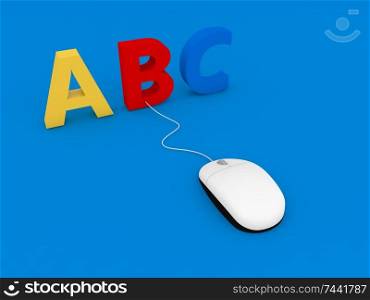 Letters A B C and computer mouse on a blue background. 3d render illustration.. Letters A B C and computer mouse on a blue background. 