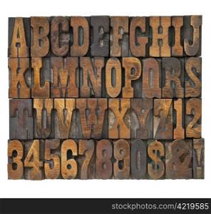 letters and numbers in vintage letterpress wood type - alphabet in French clarendon typeset