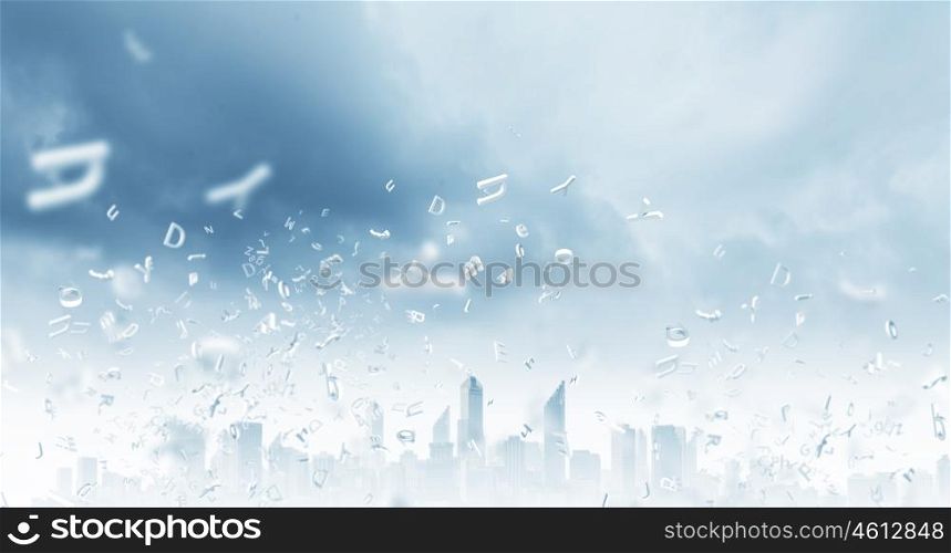 Letters background. Background image with white letters flying in air