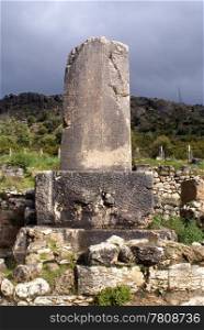 Letters on the stone obelisk in Xanthos, West Turkey
