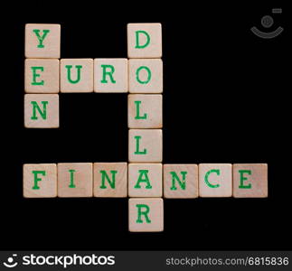 Letters on wooden blocks (euro, dollar, yen, finance)