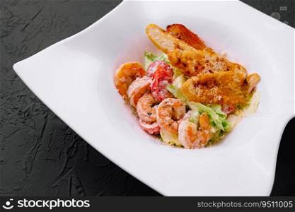lettuce salad with Caesar sauce, tiger prawns, cheese and bread crumbs