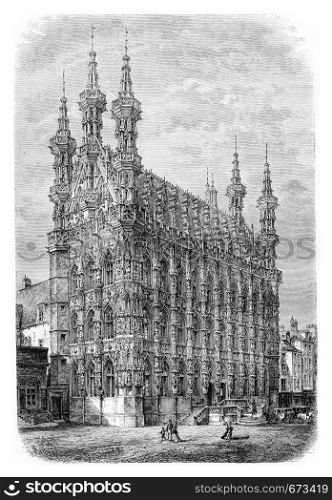 Leuven Town Hall in Leuven, Belgium, drawing by Barclay based on a photograph, vintage illustration. Le Tour du Monde, Travel Journal, 1881