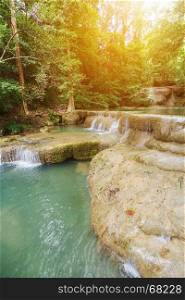 Level 1 of Erawan Waterfall in Kanchanaburi Province, Thailand
