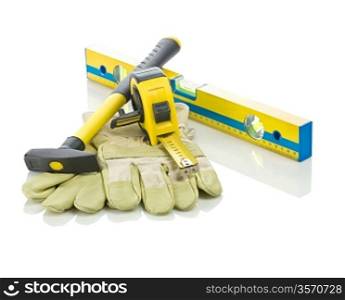 level, tapeline, hammer and gloves