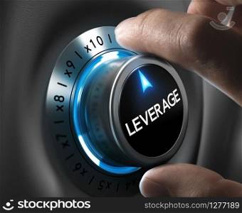 Leverage button pointing x10 position with two fingers, blue and grey tones, Conceptual image for day trading strategy.. Trading