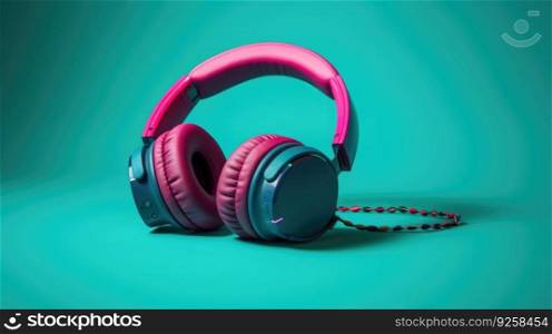 Levitating headphones on solid background, vivid color, product photography. Generative AI AIG20.