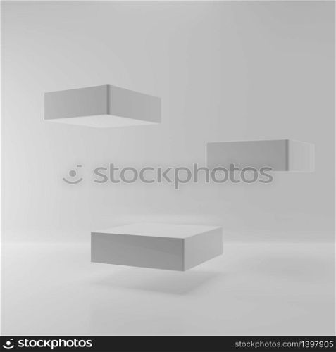 Levitation floating square stage on white background. Abstract of three pedestal in empty room for product advertising presentation. Interior podium mockup template. 3D illustration render
