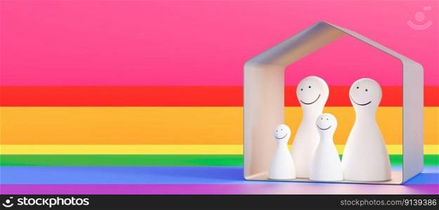 LGBT family figures, banner with copy space. Homosexual parents with children. LGBT adoption concept. LGBTQ, include lesbians, gays, bisexuals and transgender people. Equal marriage. 3D rendering. LGBT family figures, banner with copy space. Homosexual parents with children. LGBT adoption concept. LGBTQ, include lesbians, gays, bisexuals and transgender people. Equal marriage. 3D rendering.