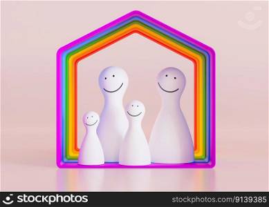 LGBT family figures in rainbow house. Homosexual parents with children. LGBT adoption concept. LGBTQ, include lesbians, gays, bisexuals and transgender people. Diversity, equal marriage. 3D render. LGBT family figures in rainbow house. Homosexual parents with children. LGBT adoption concept. LGBTQ, include lesbians, gays, bisexuals and transgender people. Diversity, equal marriage. 3D render.