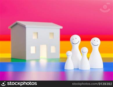 LGBT family figures on rainbow background. Homosexual parents with children. LGBT adoption concept. LGBTQ, include lesbians, gays, bisexuals, transgender people. Diversity, equal marriage. 3D render. LGBT family figures on rainbow background. Homosexual parents with children. LGBT adoption concept. LGBTQ, include lesbians, gays, bisexuals, transgender people. Diversity, equal marriage. 3D render.