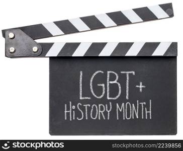 LGBT Heritage Month, white chalk handwriting on a clapboard, reminder of annual monthly event