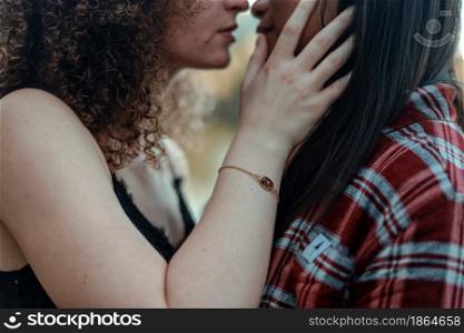 LGBT Lesbian Couple intimate moments. Young couple multiracial female friends. multi-ethnic female couple in love hug each other