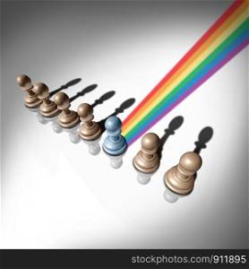 LGBT pride concept as a positive symbol for lesbian gay bisexual and transgender expressions icon as a social issue symbol for civil rights protection with a rainbow flag reflecting from a chess piece as a 3D illustration.