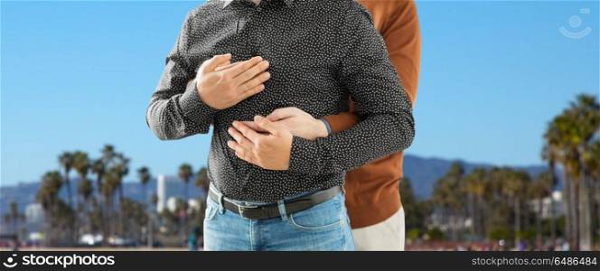 lgbt, same-sex relationships and homosexual concept - close up of hugging male gay couple over venice beach background in california. close up of hugging male gay couple. close up of hugging male gay couple